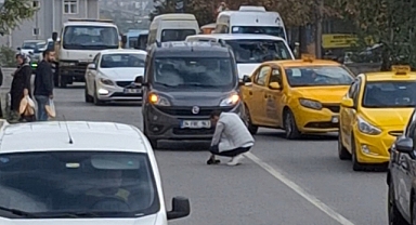 Kartal'da trafiği durdurdu; yavru kediyi ezilmekten kurtardı